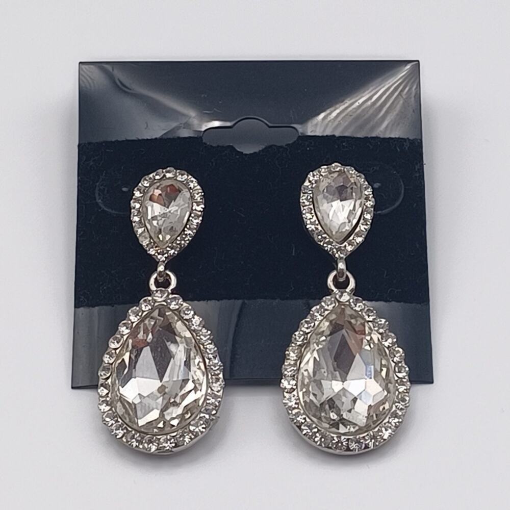 Teardrop Statement Dangle Earrings with Clear Stone Halo Bridal Prom